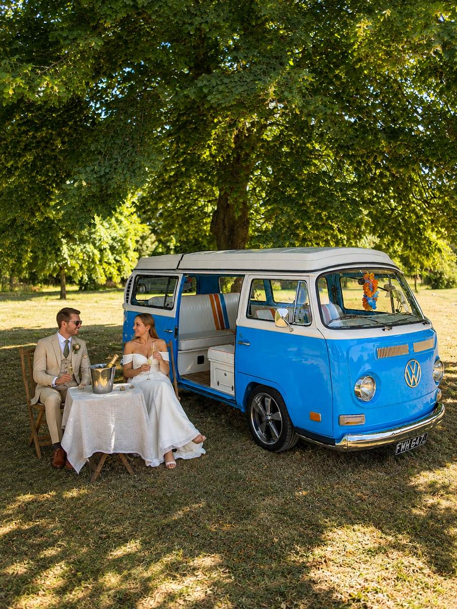 Mabel, the fully restored 1971 VW T2 camper, parked under mature trees with her side door open, while the bride and groom relax at a table with a champagne bucket nearby.